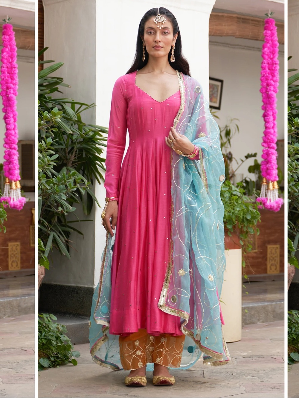 Nwot Blush Pink Anarkali With Orange Palazzo And Turquoise Dupatta Set Of 3